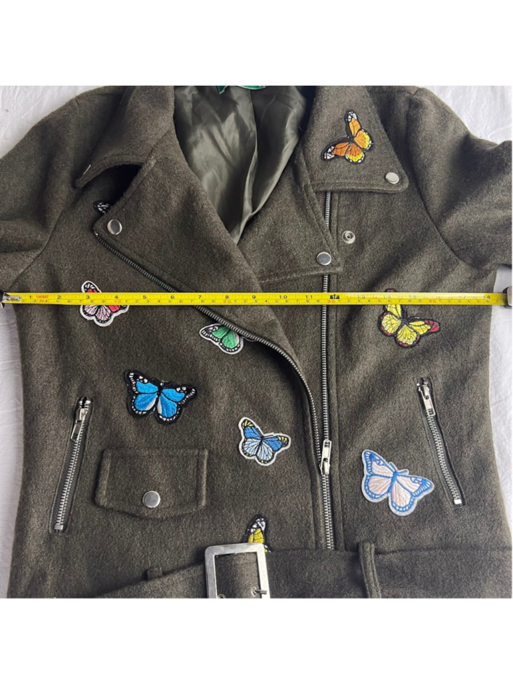Signature Eight Butterfly Embroidered Moto Jacket Olive Green Wool Blend Biker L - Picture 10 of 10